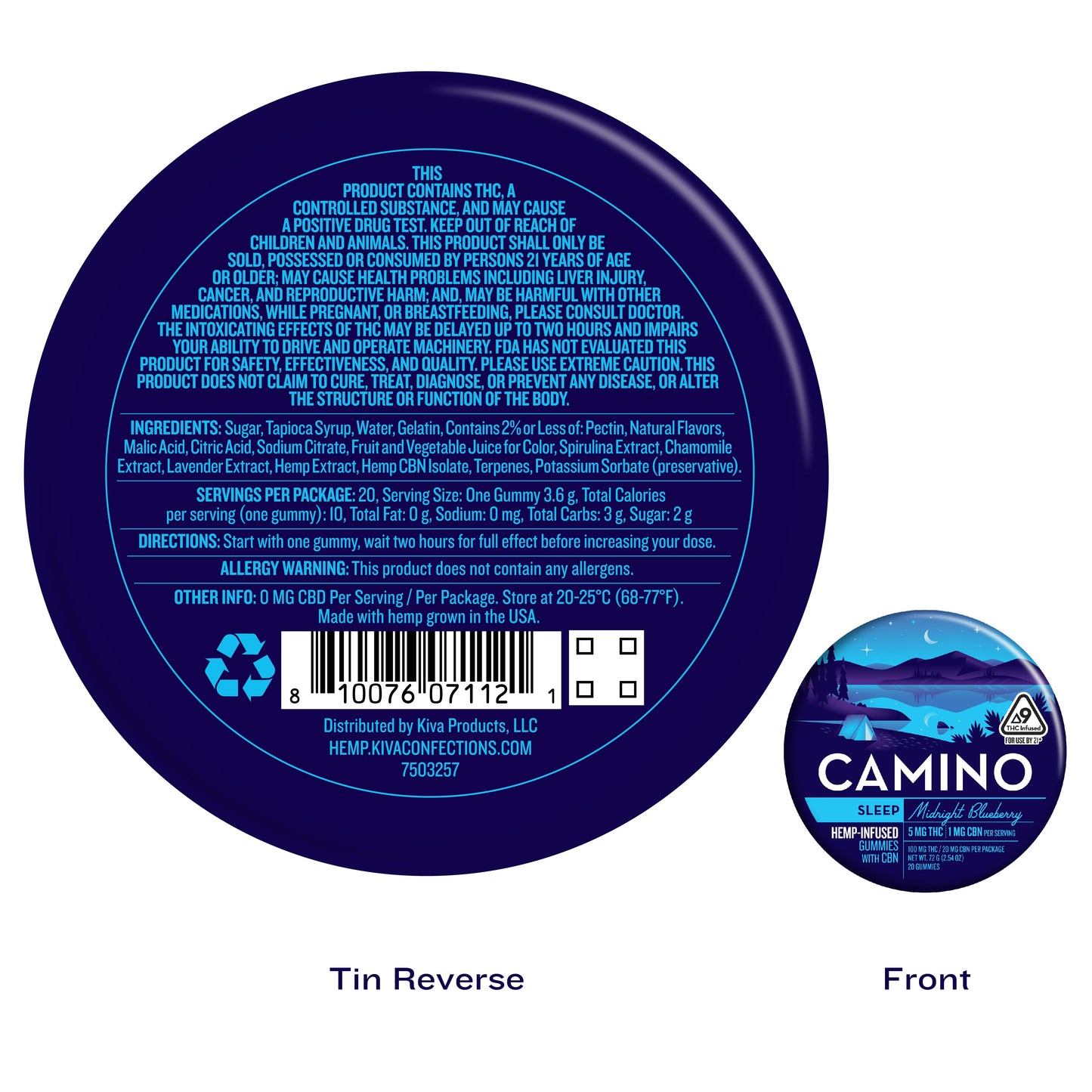 Camino Midnight Blueberry - Sleep - 5mg THC : 1mg CBN Gummies (100mg) (12 Tins Per Case)