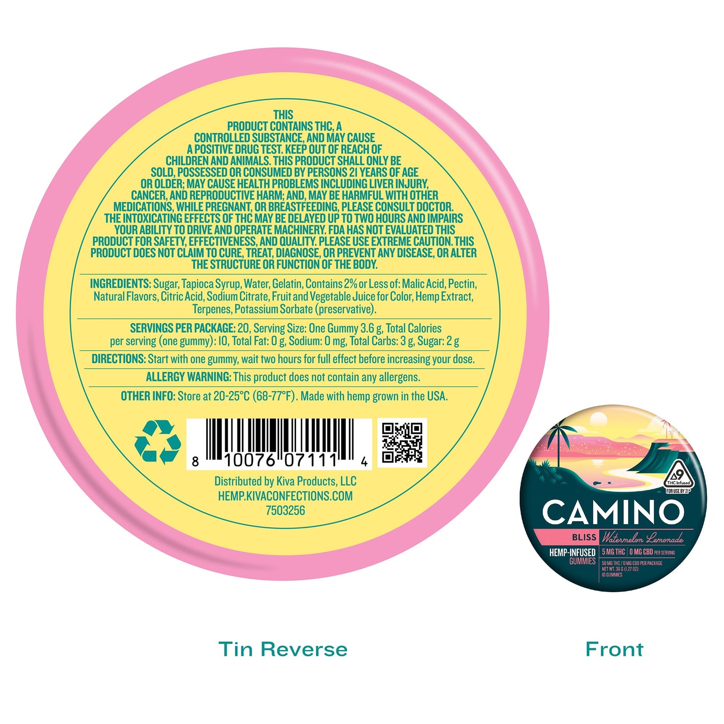 Camino Watermelon Lemonade - Bliss - 5mg THC Gummies (100mg) (12 Tins Per Case)
