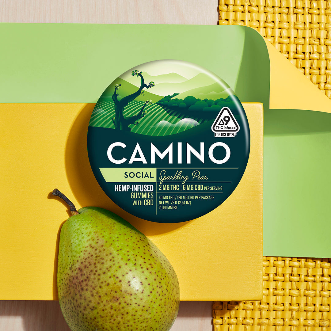Camino Sparkling Pear - Social - 2mg THC : 6mg CBD Gummies (100mg) (12 Tins Per Case)