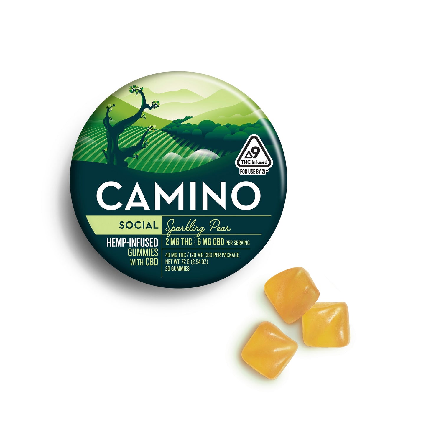 Camino Sparkling Pear - Social - 2mg THC : 6mg CBD Gummies (100mg) (12 Tins Per Case)