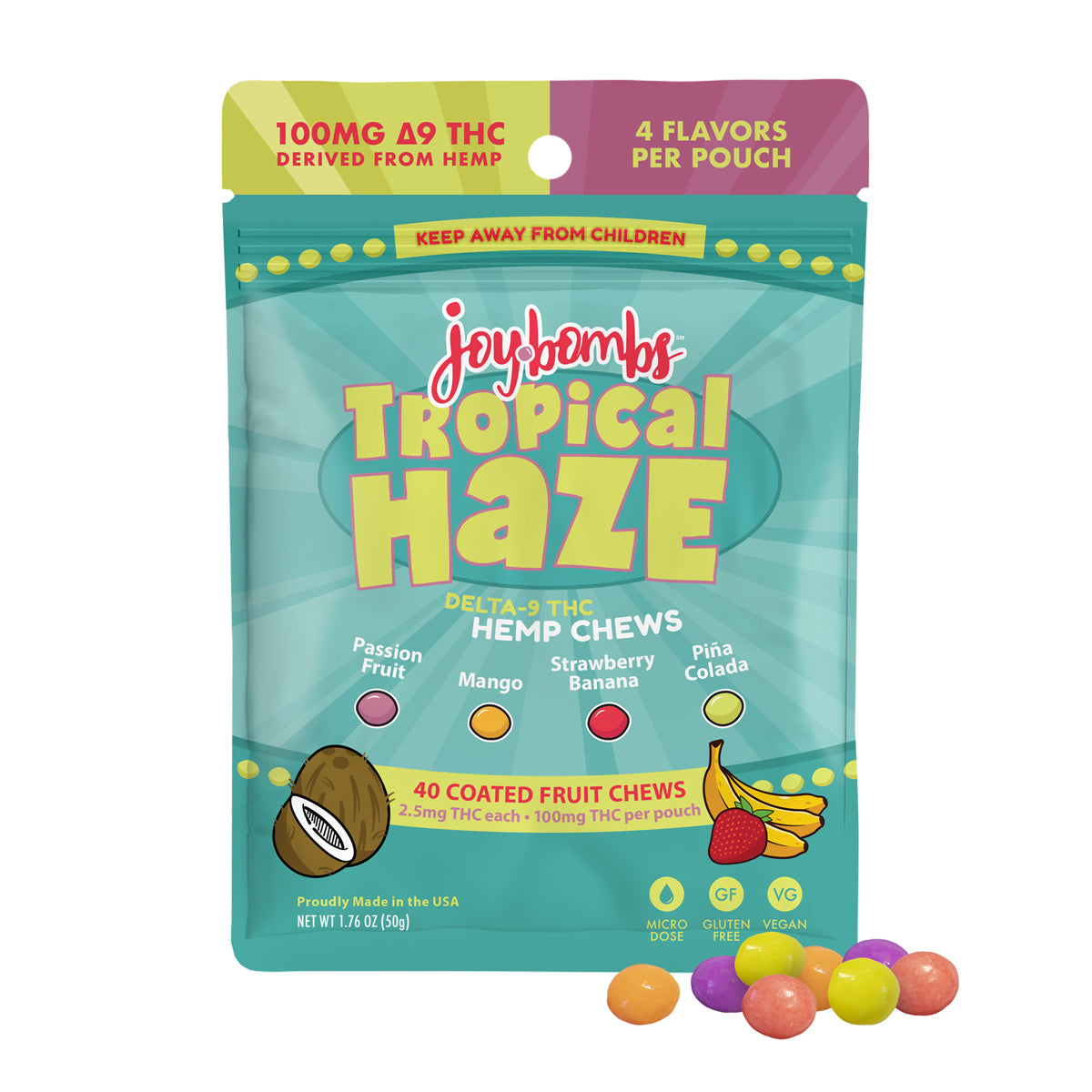 Joy Bombs Tropical Haze - 2.5mg THC Hemp Chews (100mg TTL) (10 Bags Per Case)